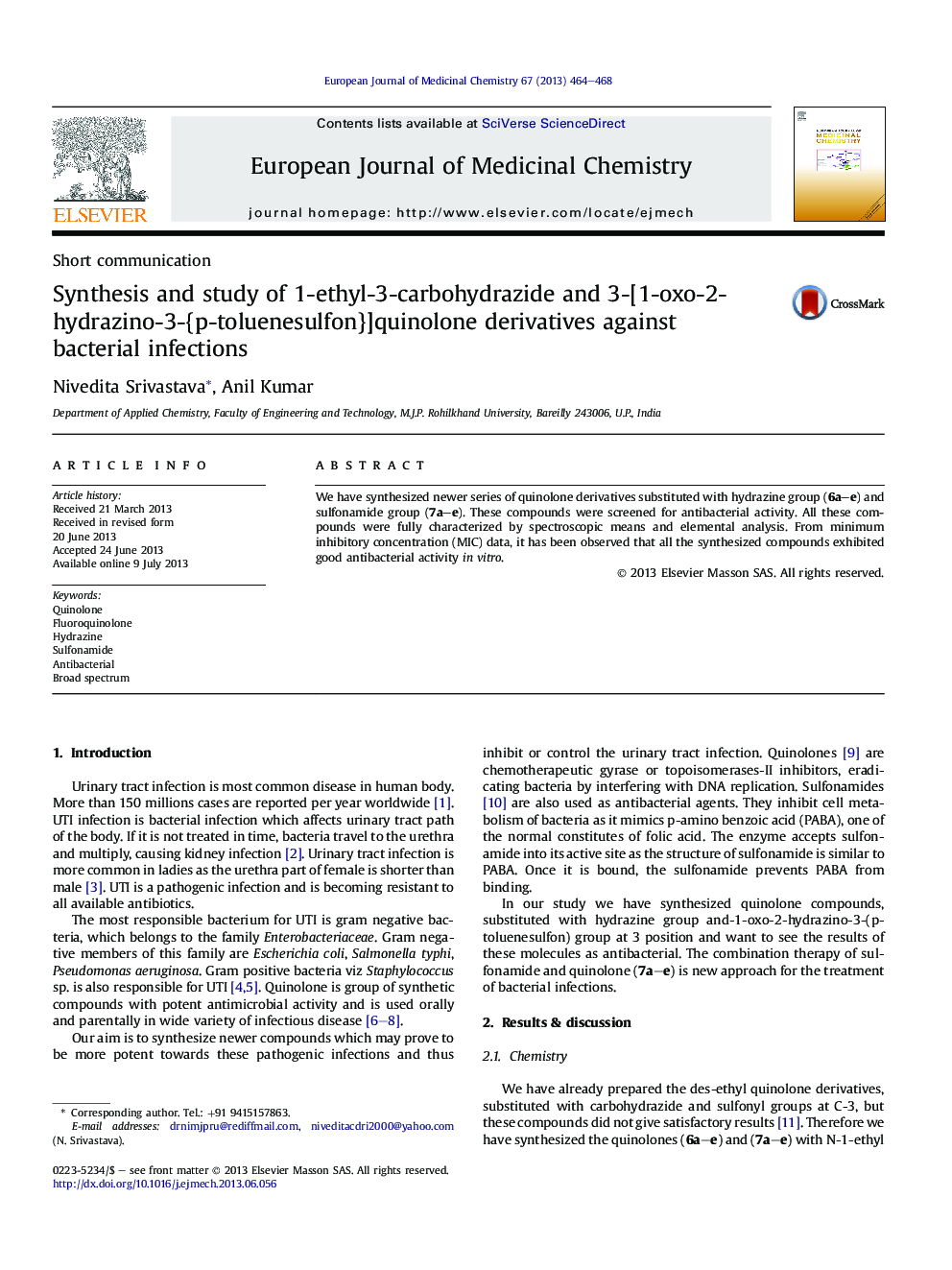 Synthesis and study of 1-ethyl-3-carbohydrazide and 3-[1-oxo-2-hydrazino-3-{p-toluenesulfon}]quinolone derivatives against bacterial infections