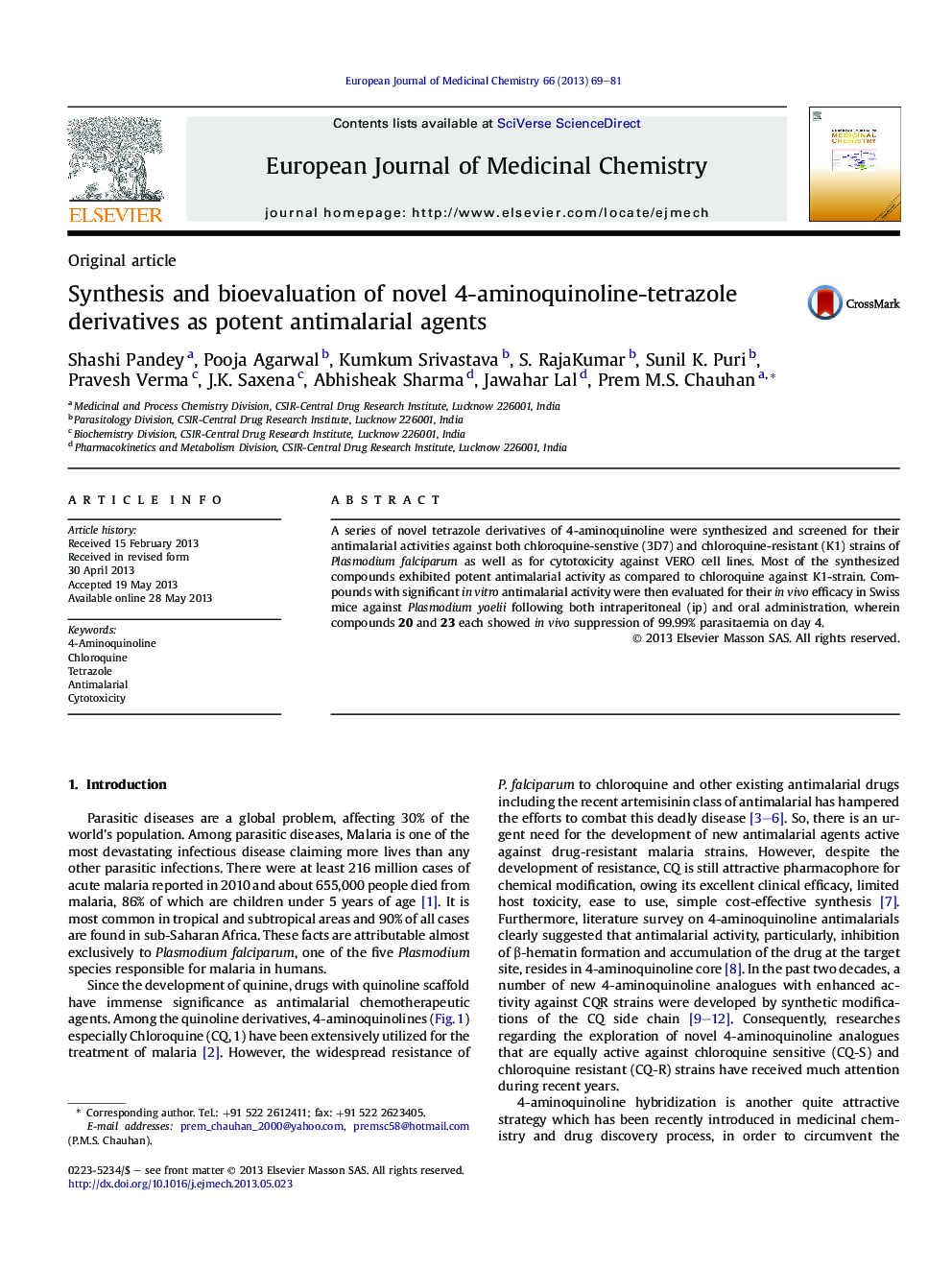 Synthesis and bioevaluation of novel 4-aminoquinoline-tetrazole derivatives as potent antimalarial agents