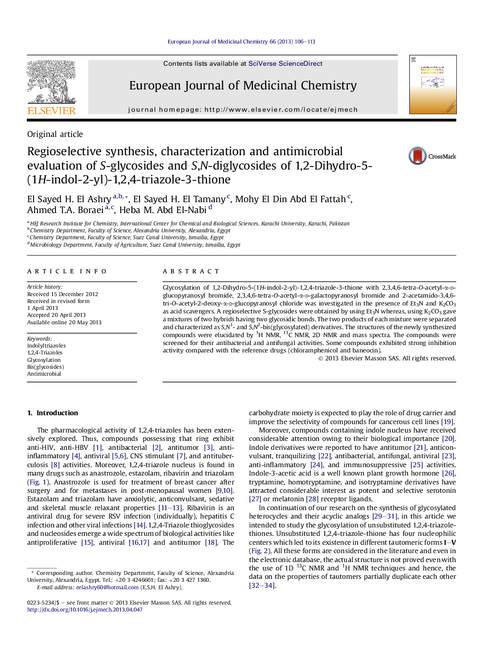 Regioselective synthesis, characterization and antimicrobial evaluation of S-glycosides and S,N-diglycosides of 1,2-Dihydro-5-(1H-indol-2-yl)-1,2,4-triazole-3-thione