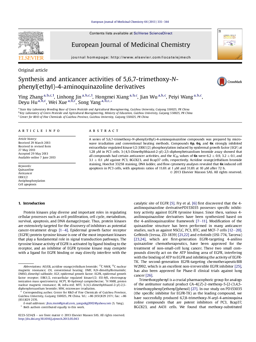 Synthesis and anticancer activities of 5,6,7-trimethoxy-N-phenyl(ethyl)-4-aminoquinazoline derivatives