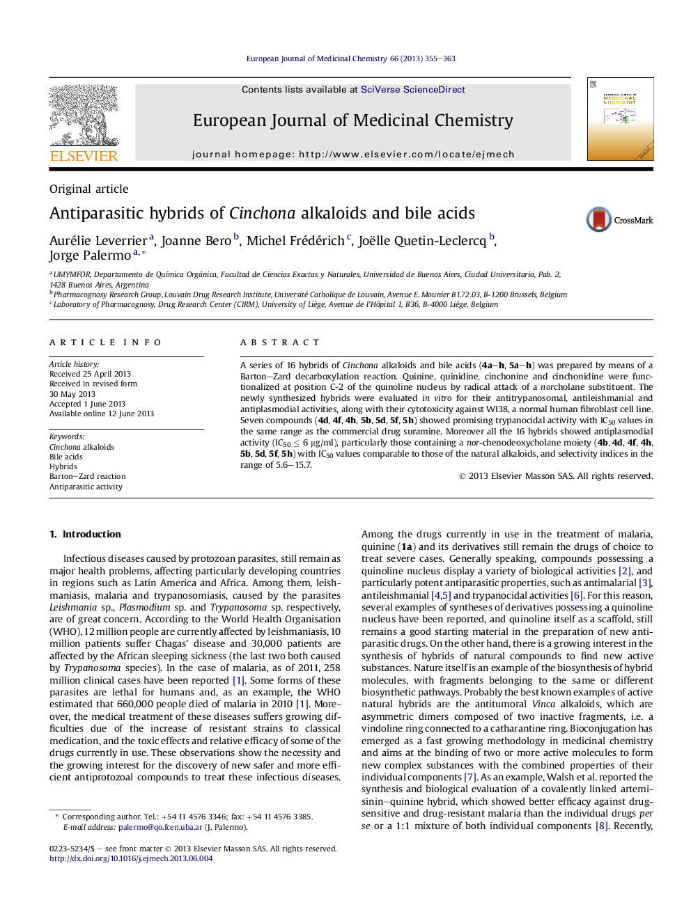 Antiparasitic hybrids of Cinchona alkaloids and bile acids