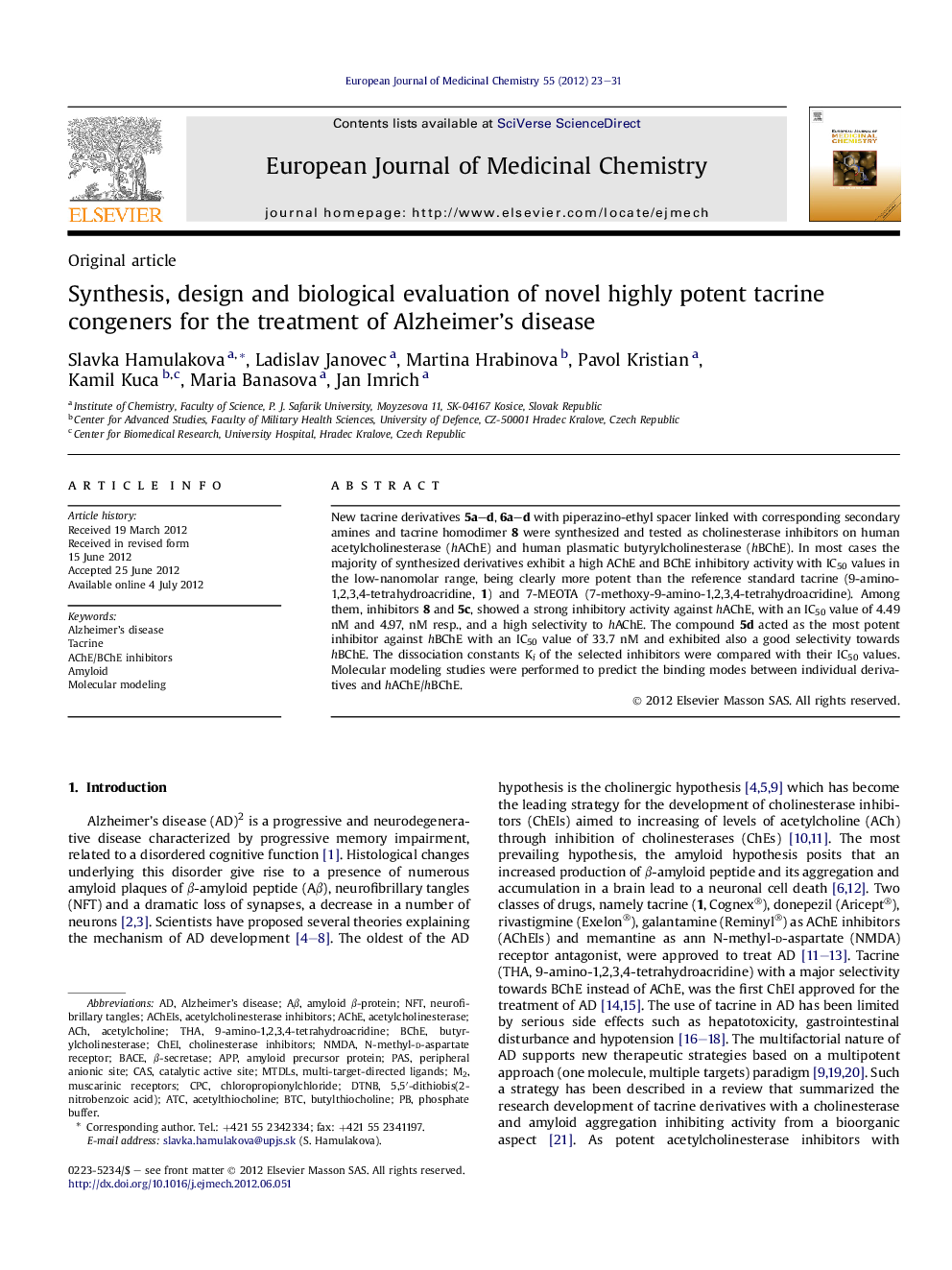 Synthesis, design and biological evaluation of novel highly potent tacrine congeners for the treatment of Alzheimer's disease