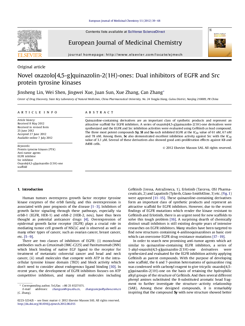 Novel oxazolo[4,5-g]quinazolin-2(1H)-ones: Dual inhibitors of EGFR and Src protein tyrosine kinases