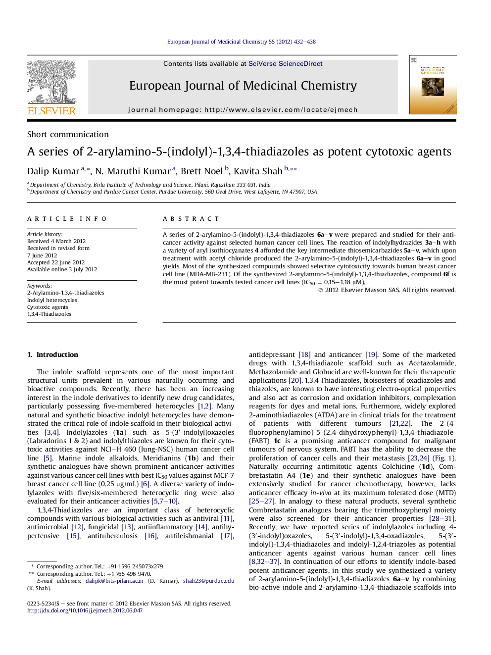 A series of 2-arylamino-5-(indolyl)-1,3,4-thiadiazoles as potent cytotoxic agents