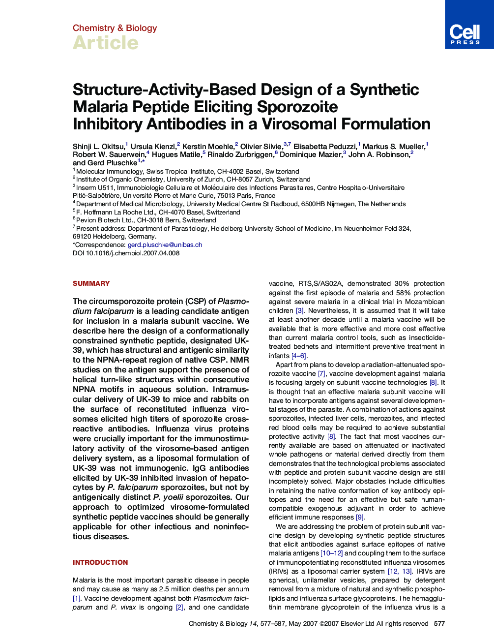 Structure-Activity-Based Design of a Synthetic Malaria Peptide Eliciting Sporozoite Inhibitory Antibodies in a Virosomal Formulation