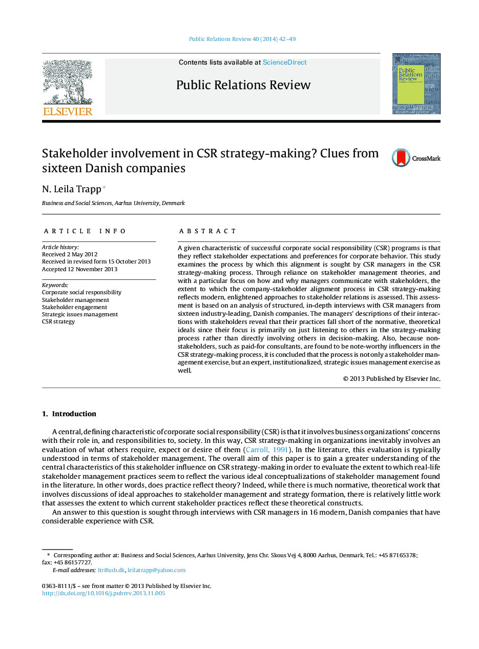 Stakeholder involvement in CSR strategy-making? Clues from sixteen Danish companies