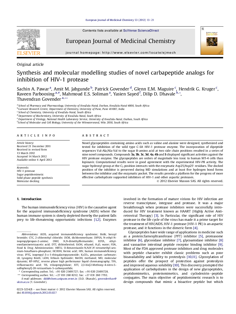 Synthesis and molecular modelling studies of novel carbapeptide analogs for inhibition of HIV-1 protease