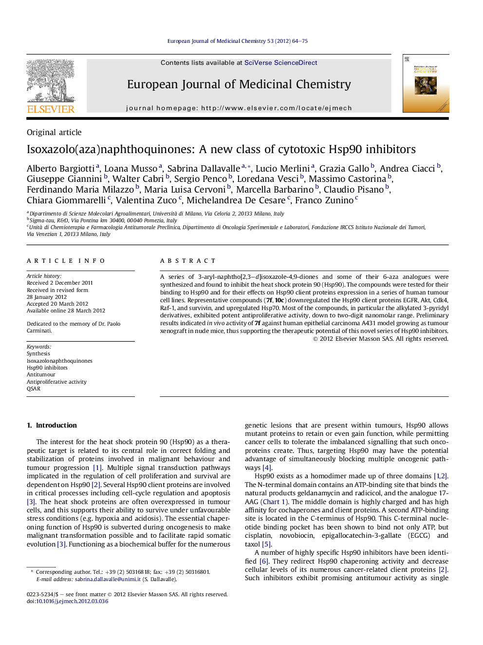 Isoxazolo(aza)naphthoquinones: A new class of cytotoxic Hsp90 inhibitors