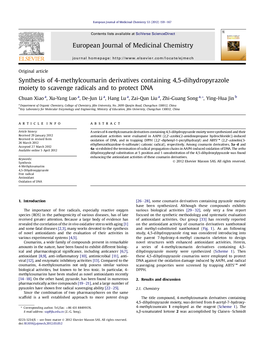 Synthesis of 4-methylcoumarin derivatives containing 4,5-dihydropyrazole moiety to scavenge radicals and to protect DNA