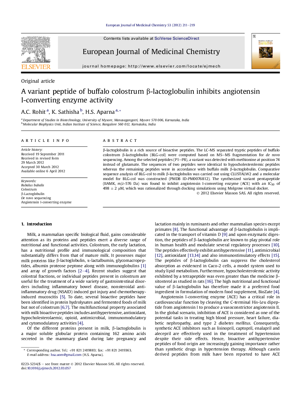 A variant peptide of buffalo colostrum β-lactoglobulin inhibits angiotensin I-converting enzyme activity