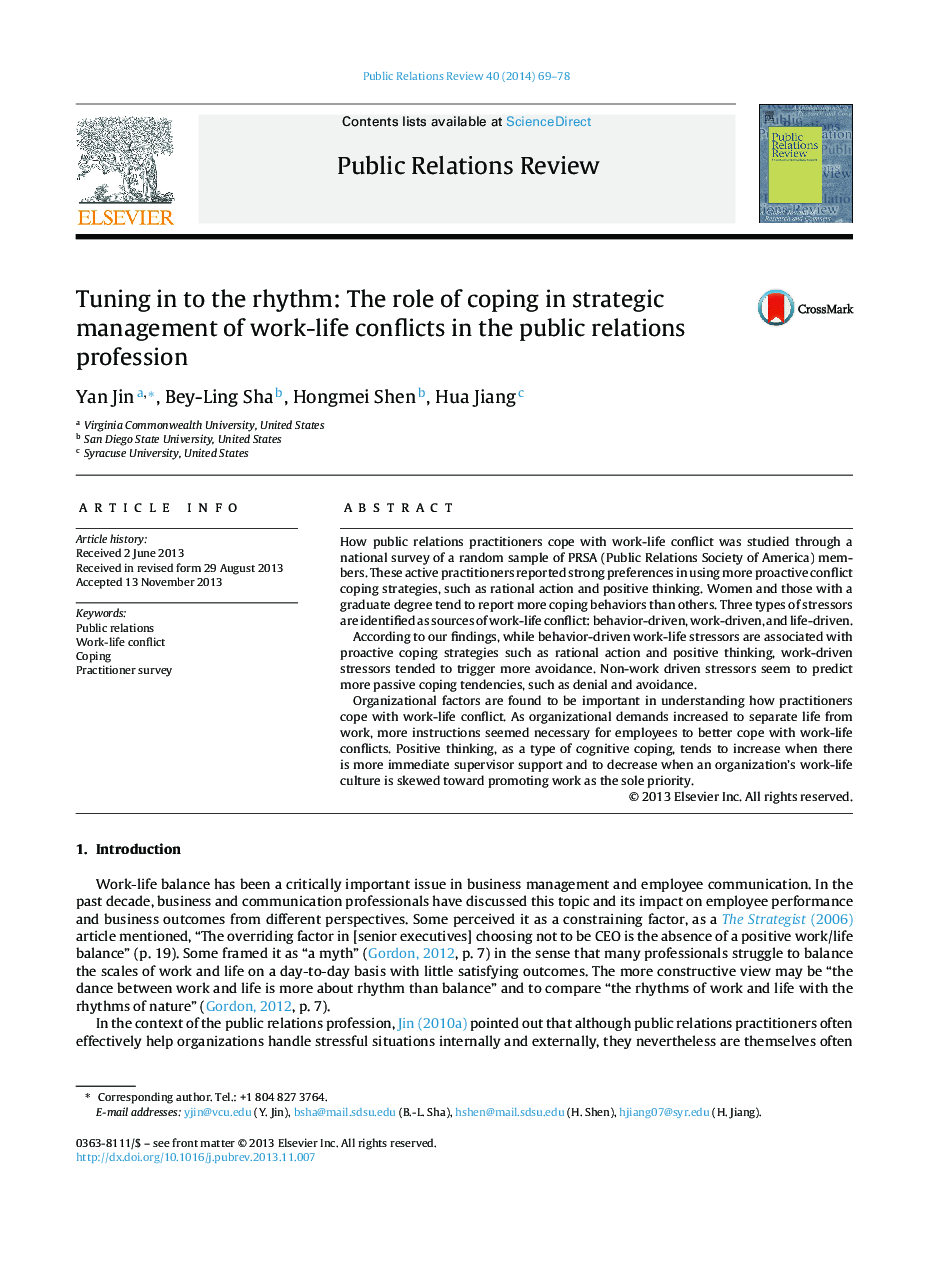 Tuning in to the rhythm: The role of coping in strategic management of work-life conflicts in the public relations profession