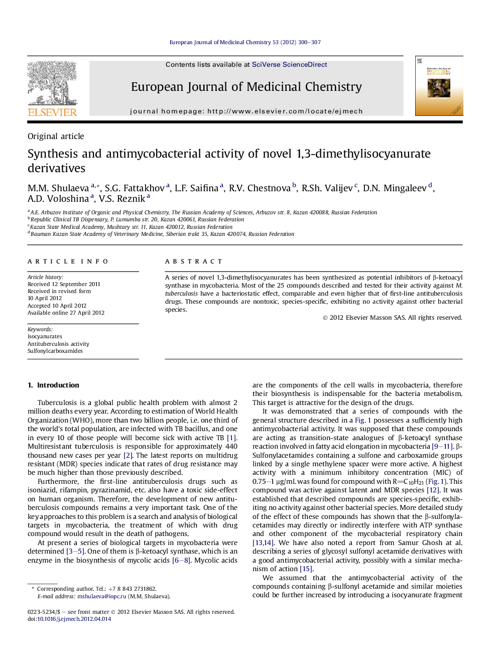 Synthesis and antimycobacterial activity of novel 1,3-dimethylisocyanurate derivatives