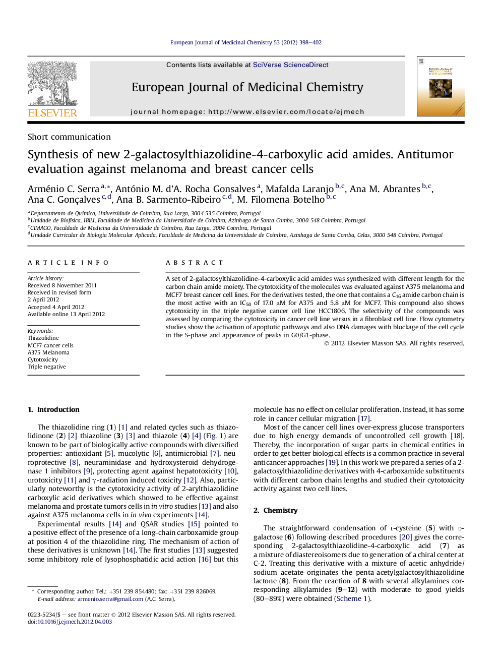 Synthesis of new 2-galactosylthiazolidine-4-carboxylic acid amides. Antitumor evaluation against melanoma and breast cancer cells