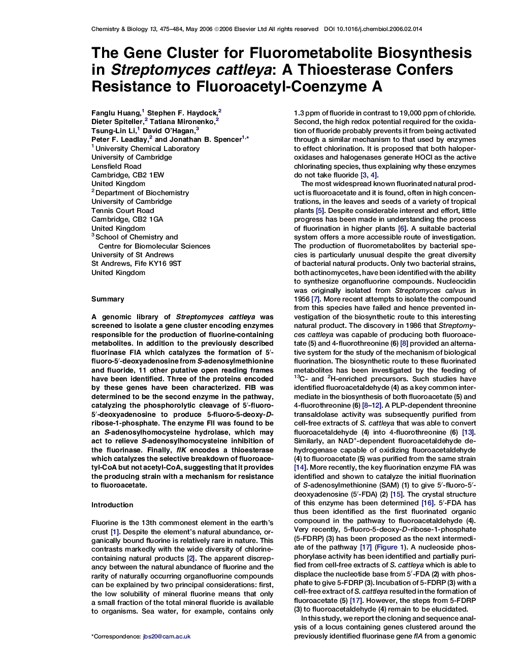 The Gene Cluster for Fluorometabolite Biosynthesis in Streptomyces cattleya: A Thioesterase Confers Resistance to Fluoroacetyl-Coenzyme A