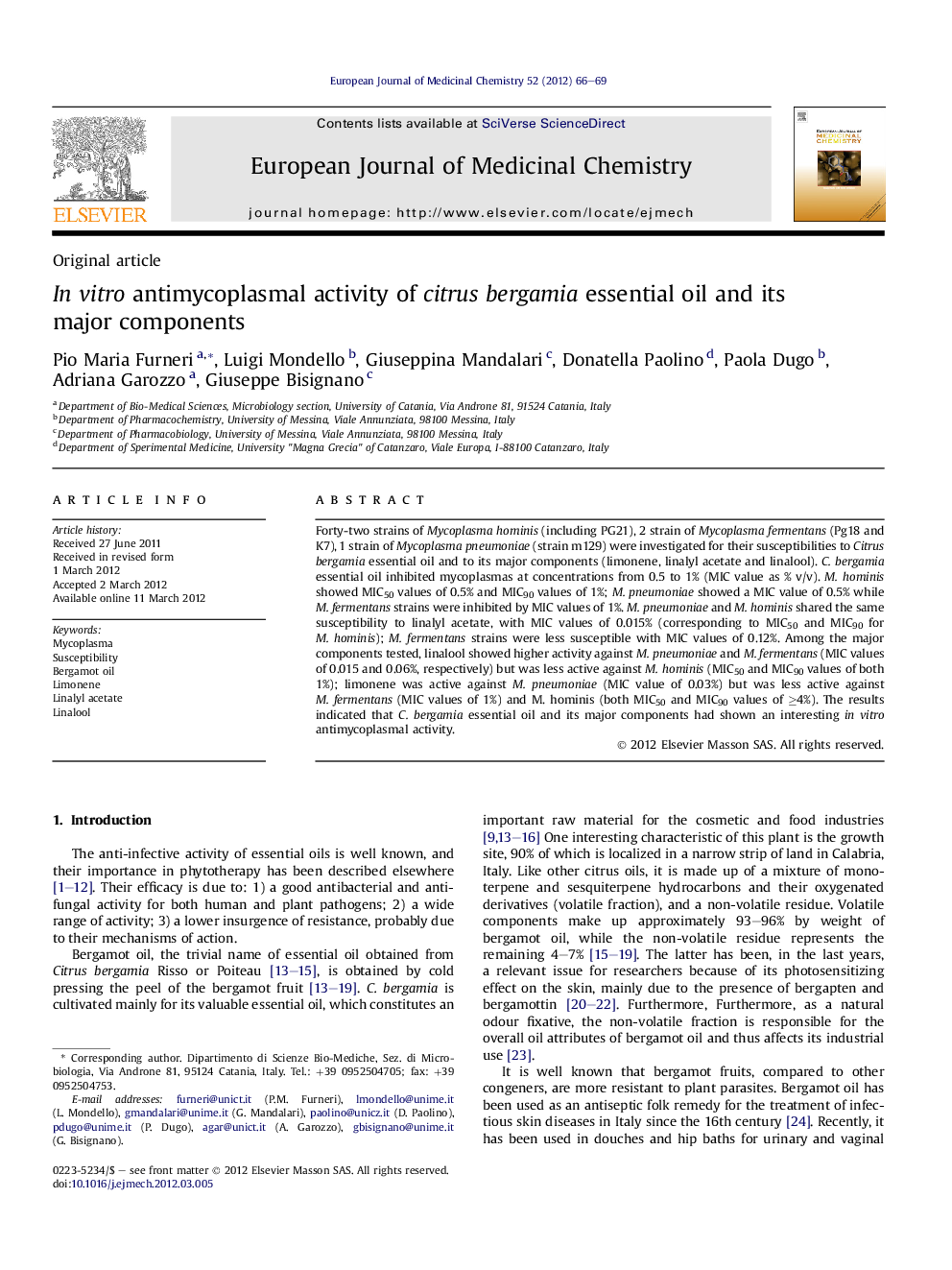 In vitro antimycoplasmal activity of citrus bergamia essential oil and its major components