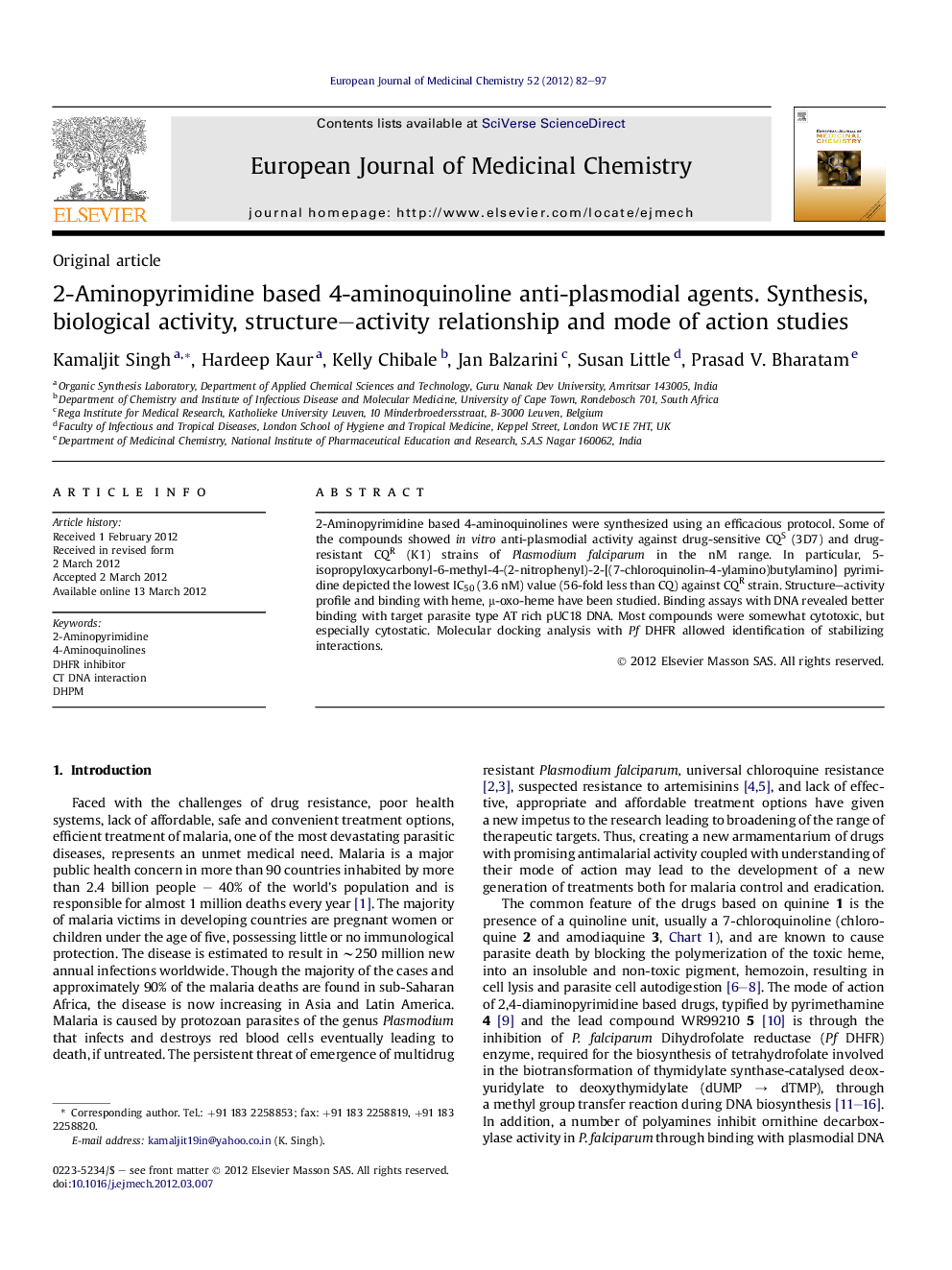 2-Aminopyrimidine based 4-aminoquinoline anti-plasmodial agents. Synthesis, biological activity, structure–activity relationship and mode of action studies