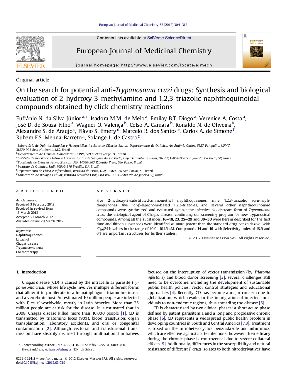 On the search for potential anti-Trypanosoma cruzi drugs: Synthesis and biological evaluation of 2-hydroxy-3-methylamino and 1,2,3-triazolic naphthoquinoidal compounds obtained by click chemistry reactions