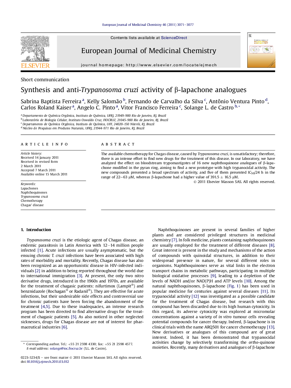 Synthesis and anti-Trypanosoma cruzi activity of β-lapachone analogues