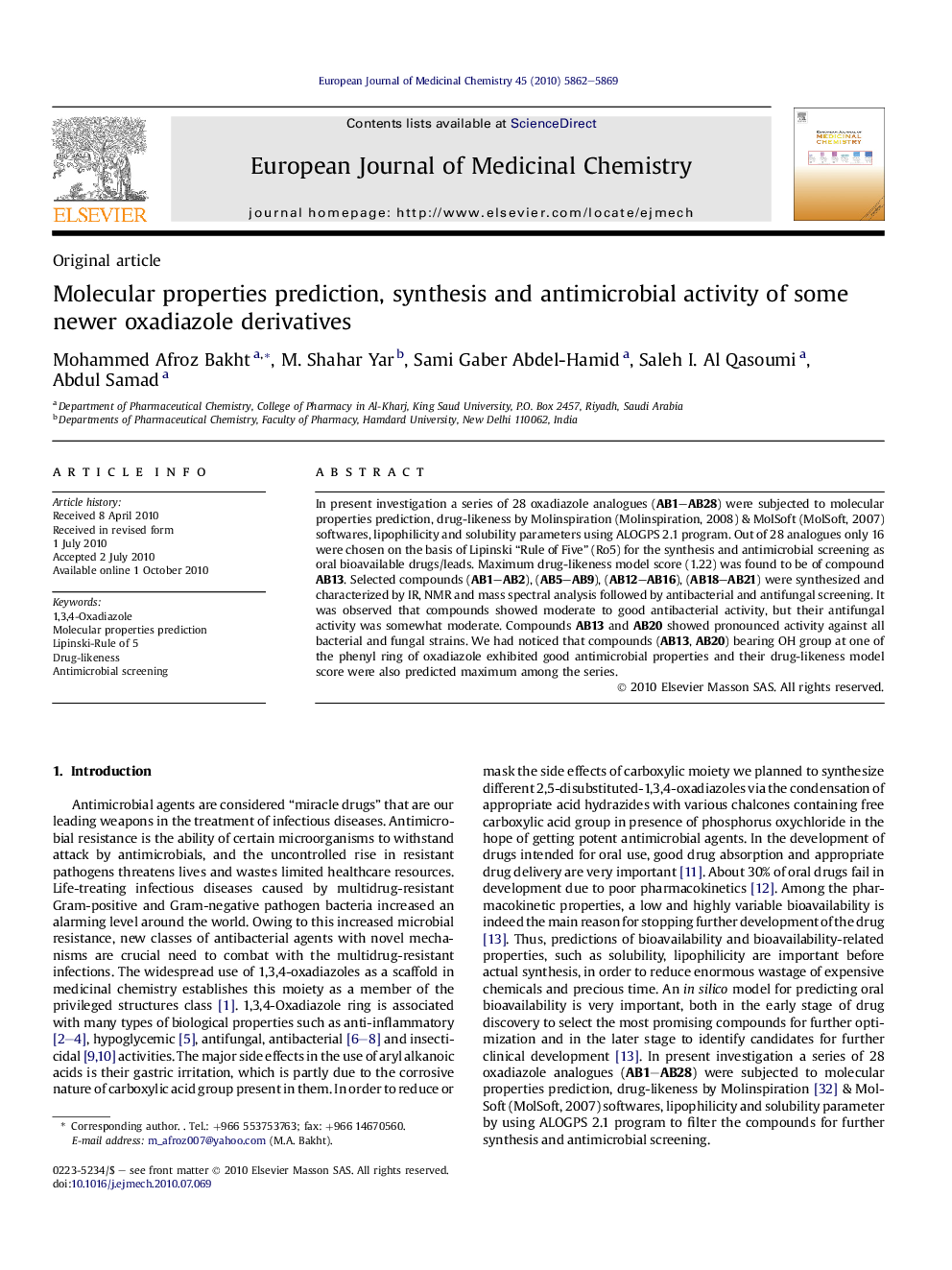 Molecular properties prediction, synthesis and antimicrobial activity of some newer oxadiazole derivatives