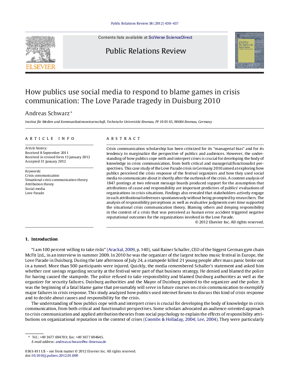 How publics use social media to respond to blame games in crisis communication: The Love Parade tragedy in Duisburg 2010