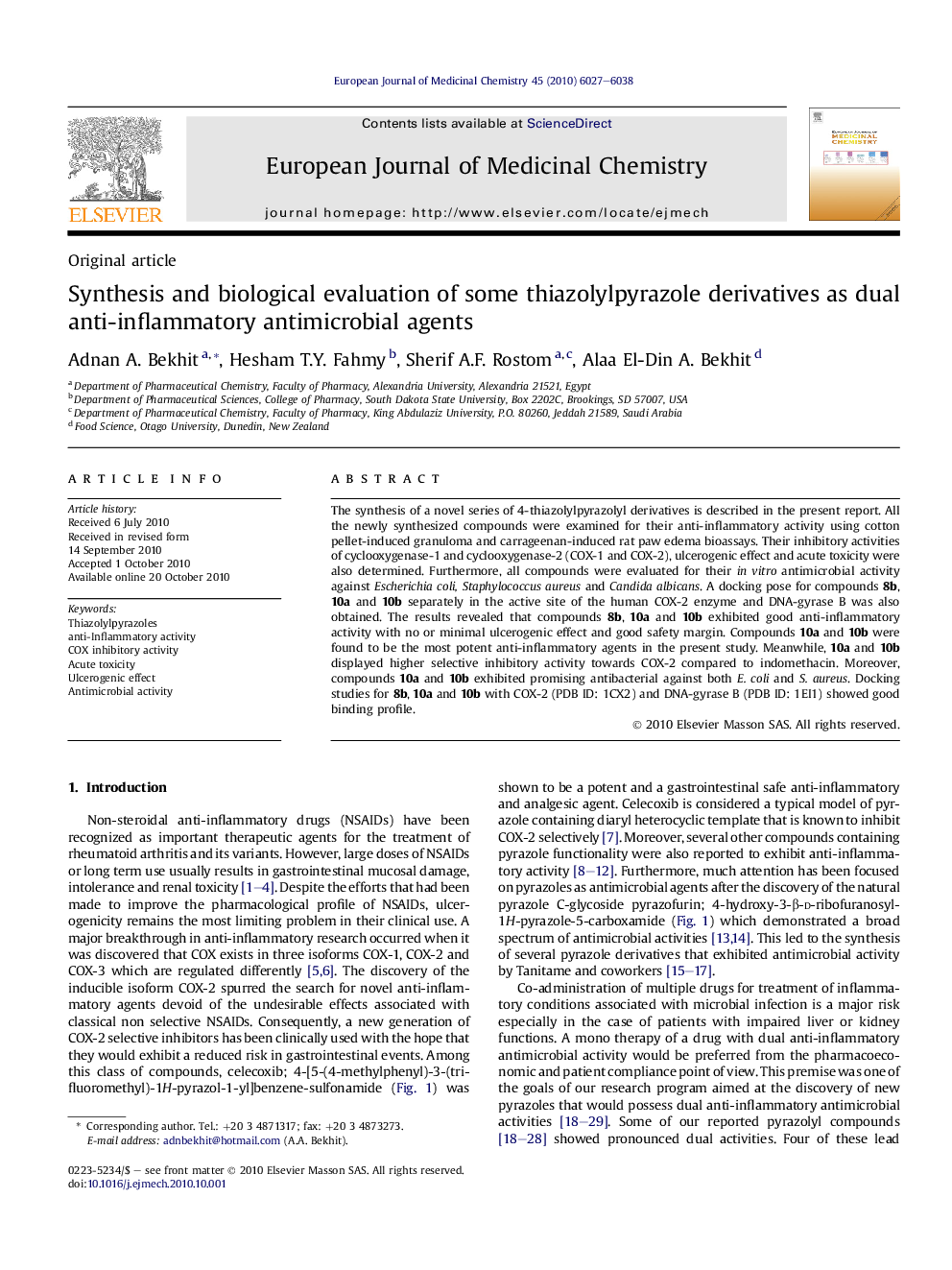 Synthesis and biological evaluation of some thiazolylpyrazole derivatives as dual anti-inflammatory antimicrobial agents