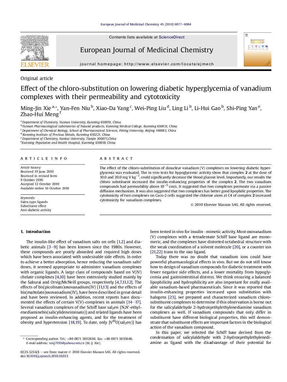 Effect of the chloro-substitution on lowering diabetic hyperglycemia of vanadium complexes with their permeability and cytotoxicity