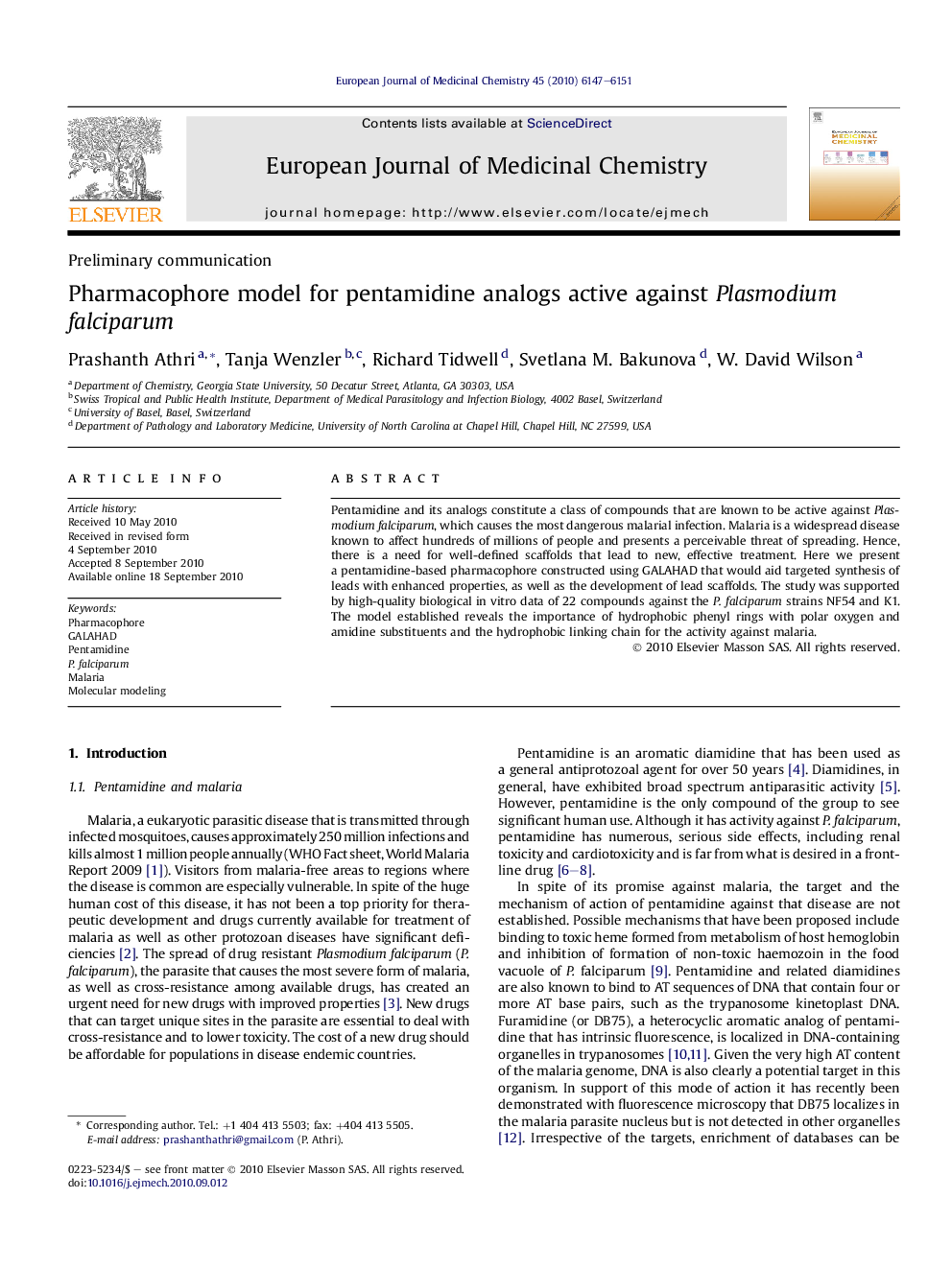 Pharmacophore model for pentamidine analogs active against Plasmodium falciparum