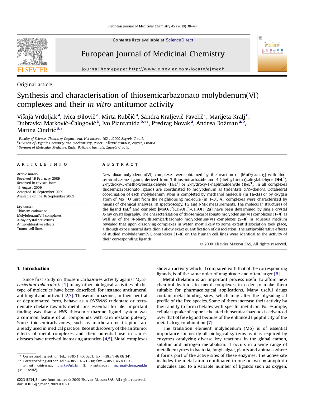 Synthesis and characterisation of thiosemicarbazonato molybdenum(VI) complexes and their in vitro antitumor activity