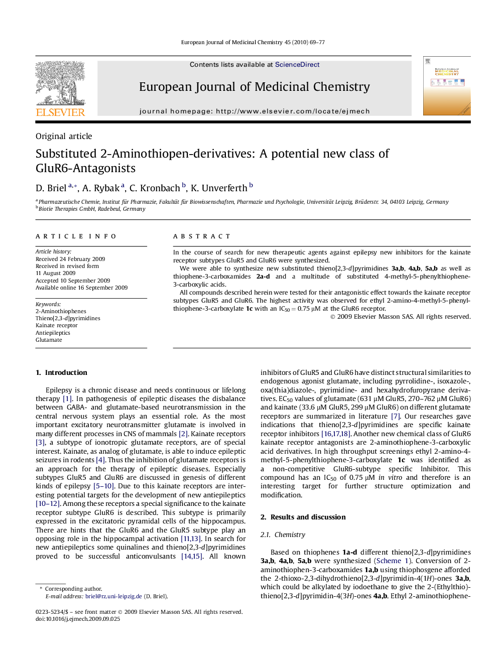 Substituted 2-Aminothiopen-derivatives: A potential new class of GluR6-Antagonists