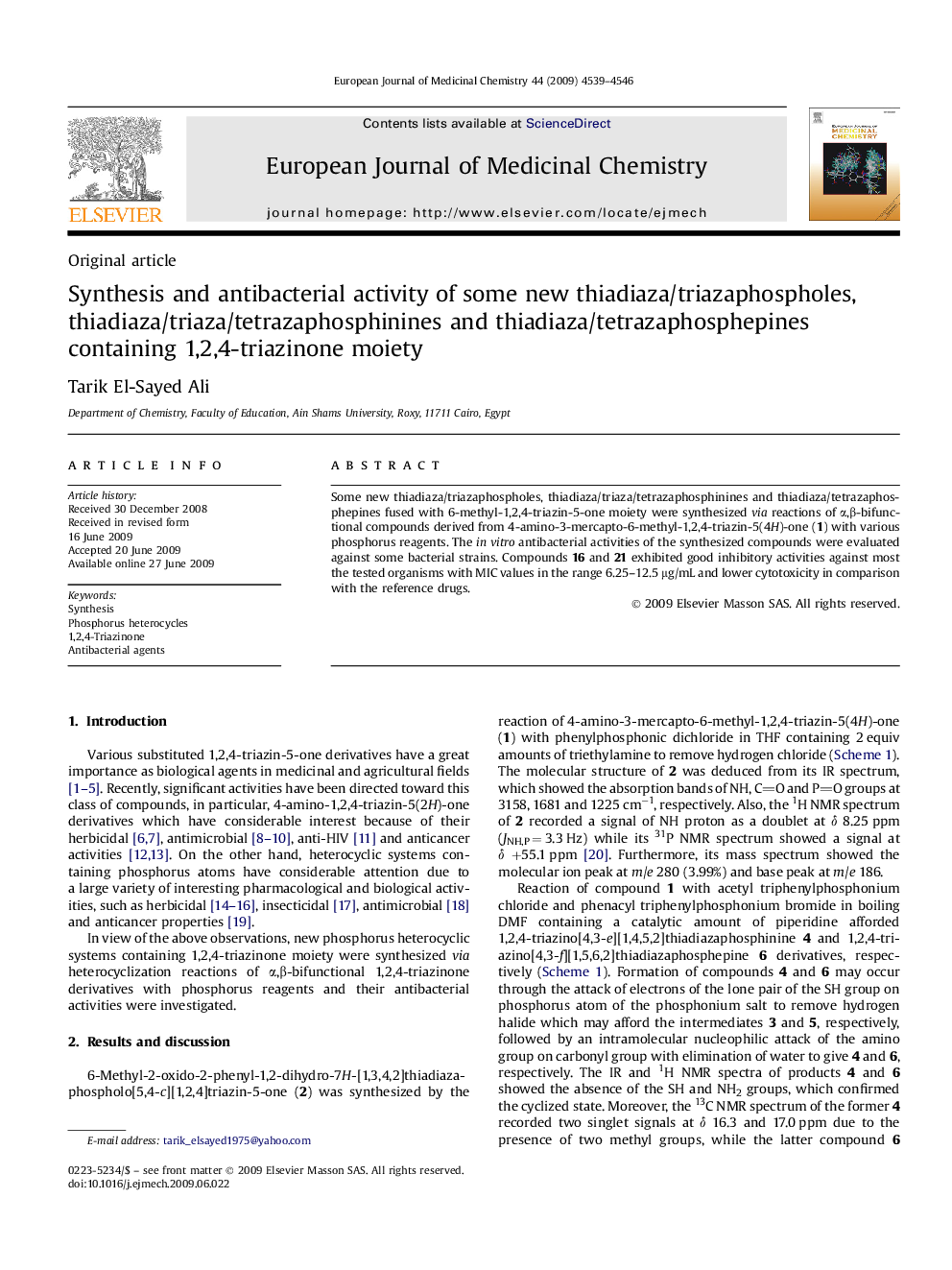 Synthesis and antibacterial activity of some new thiadiaza/triazaphospholes, thiadiaza/triaza/tetrazaphosphinines and thiadiaza/tetrazaphosphepines containing 1,2,4-triazinone moiety