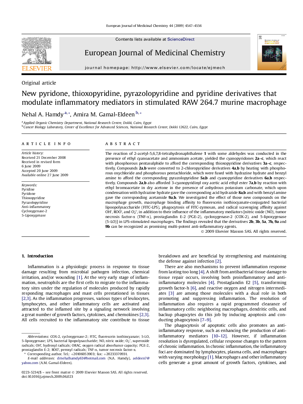 New pyridone, thioxopyridine, pyrazolopyridine and pyridine derivatives that modulate inflammatory mediators in stimulated RAW 264.7 murine macrophage