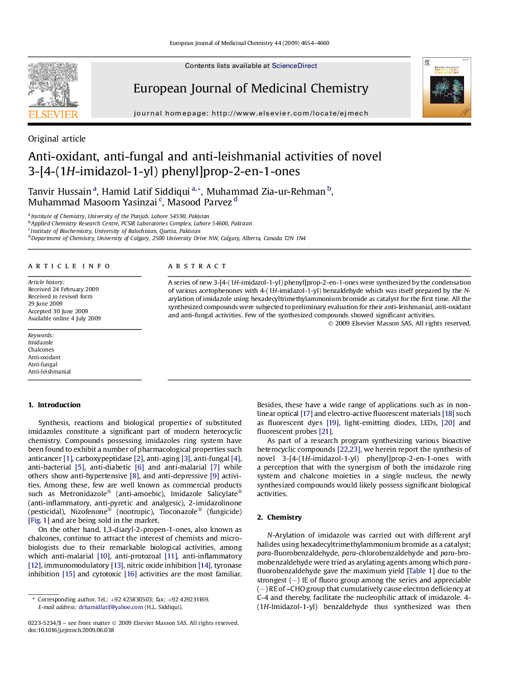 Anti-oxidant, anti-fungal and anti-leishmanial activities of novel 3-[4-(1H-imidazol-1-yl) phenyl]prop-2-en-1-ones