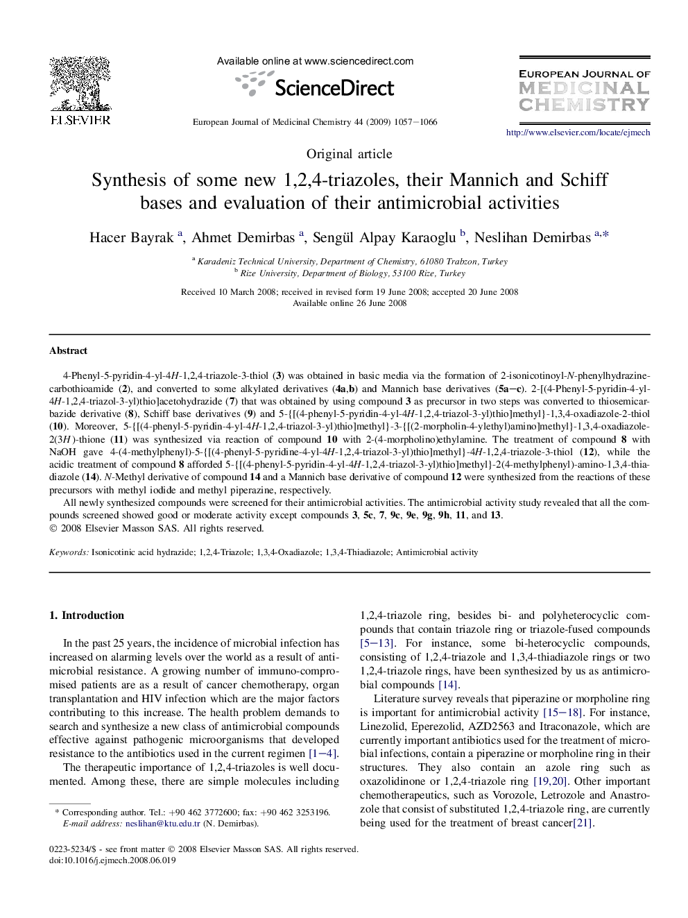 Synthesis of some new 1,2,4-triazoles, their Mannich and Schiff bases and evaluation of their antimicrobial activities