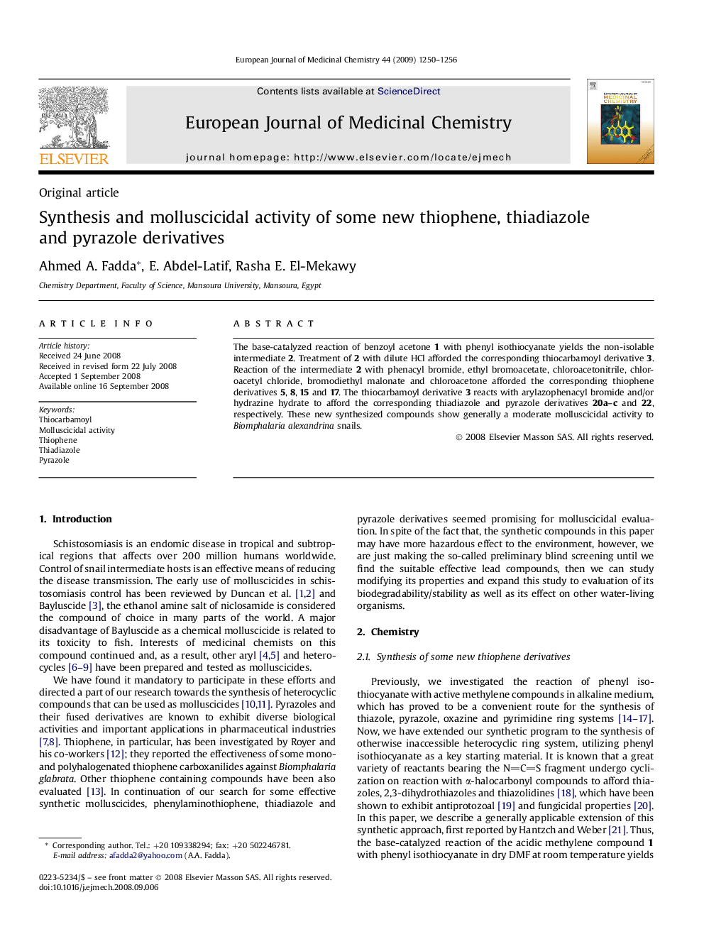 Synthesis and molluscicidal activity of some new thiophene, thiadiazole and pyrazole derivatives