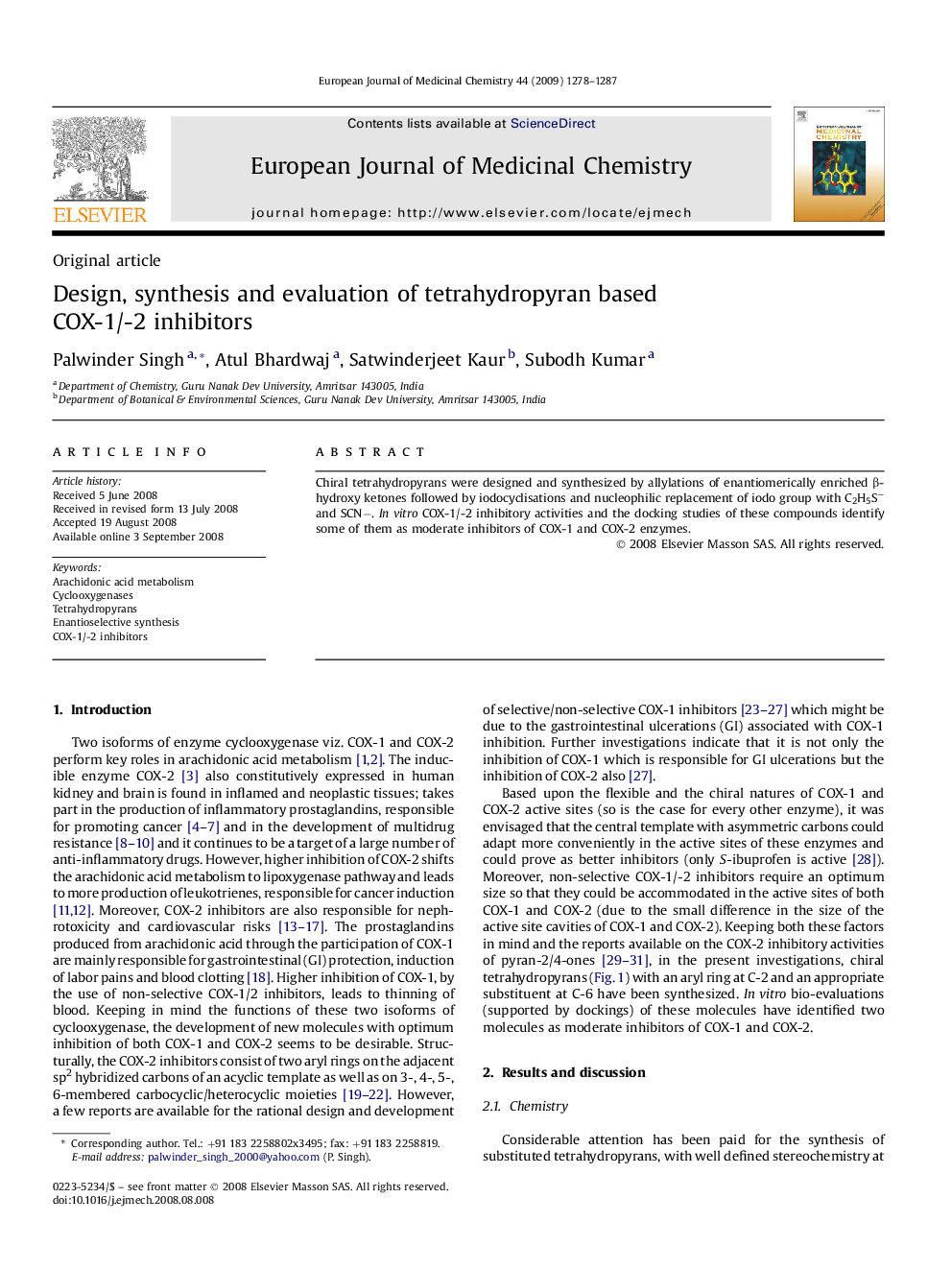 Design, synthesis and evaluation of tetrahydropyran based COX-1/-2 inhibitors