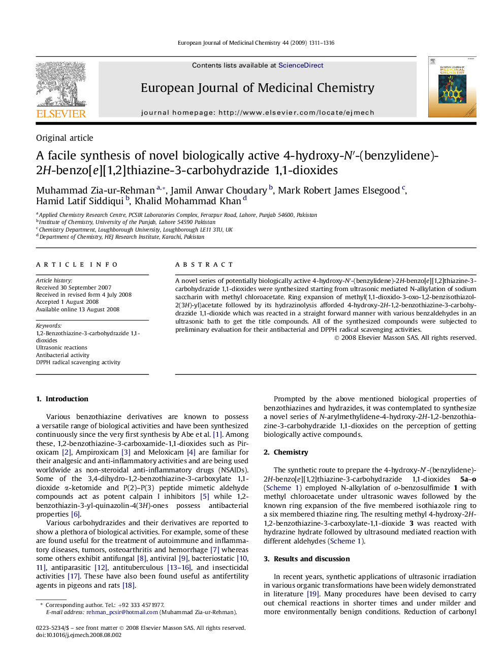 A facile synthesis of novel biologically active 4-hydroxy-N′-(benzylidene)-2H-benzo[e][1,2]thiazine-3-carbohydrazide 1,1-dioxides