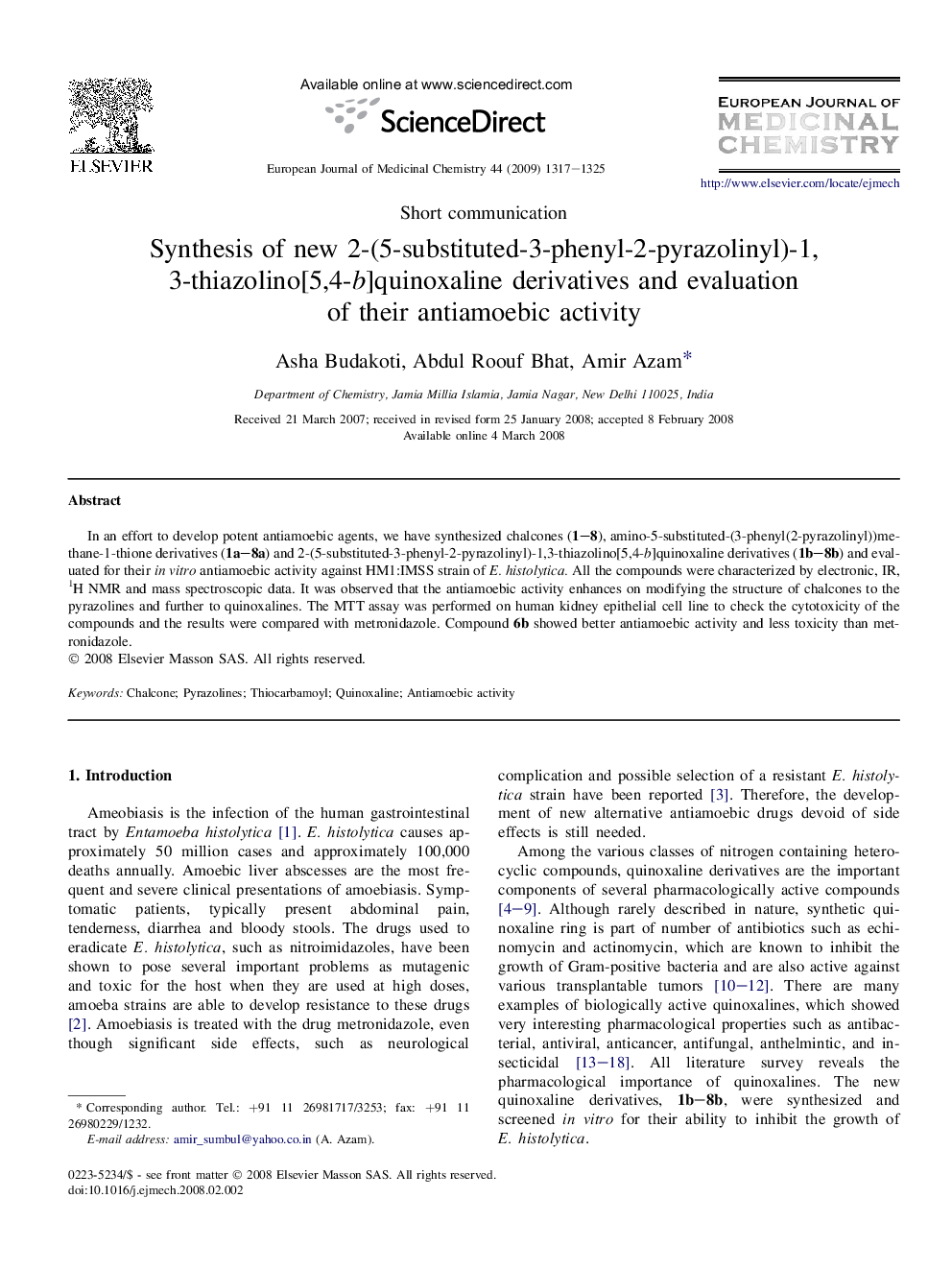 Synthesis of new 2-(5-substituted-3-phenyl-2-pyrazolinyl)-1,3-thiazolino[5,4-b]quinoxaline derivatives and evaluation of their antiamoebic activity