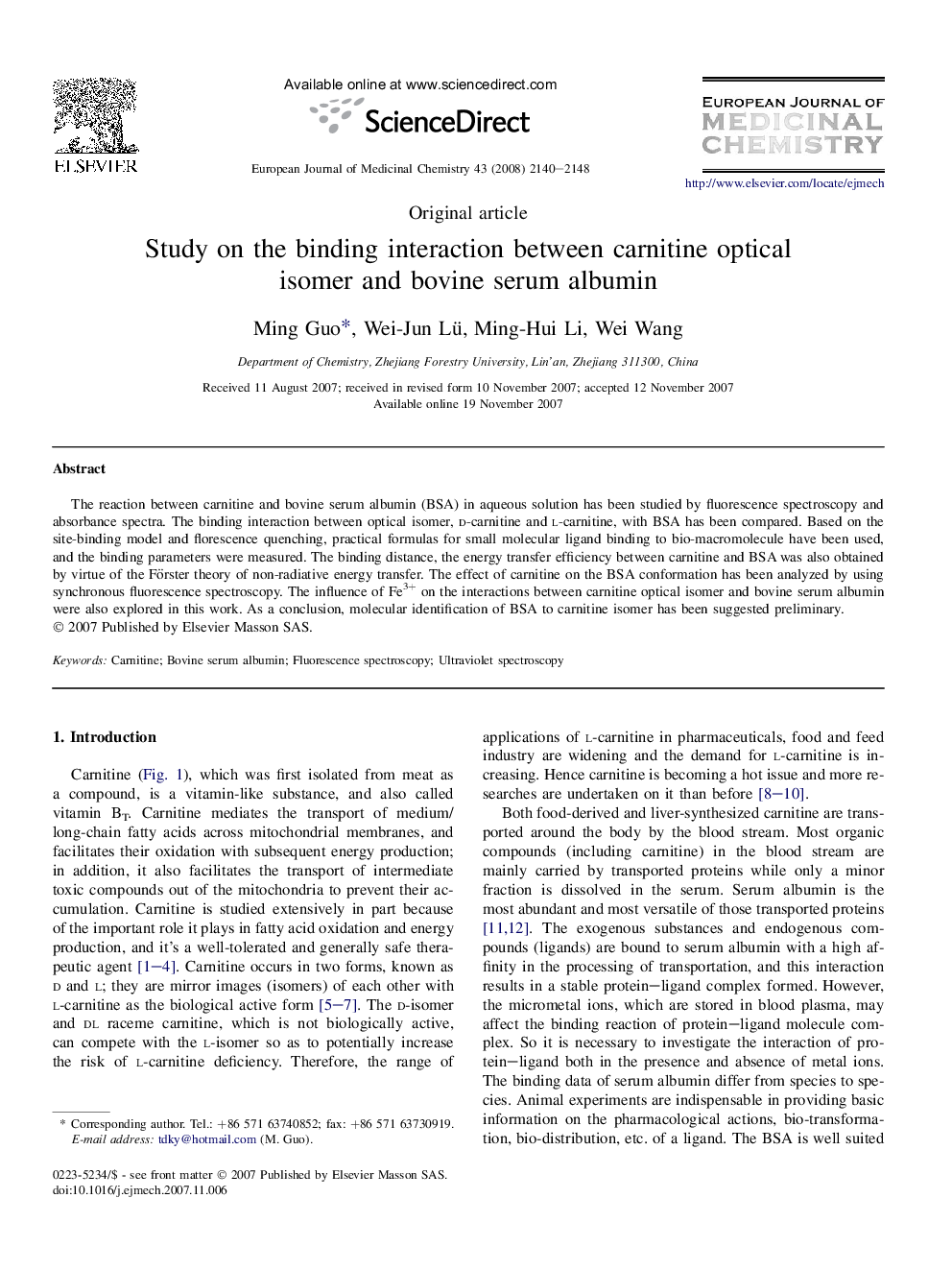 Study on the binding interaction between carnitine optical isomer and bovine serum albumin