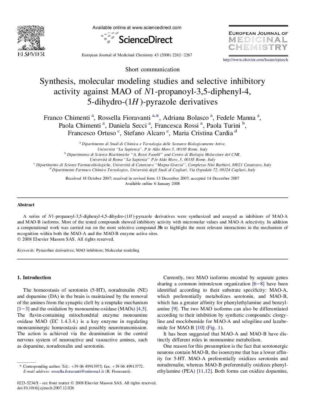 Synthesis, molecular modeling studies and selective inhibitory activity against MAO of N1-propanoyl-3,5-diphenyl-4,5-dihydro-(1H)-pyrazole derivatives