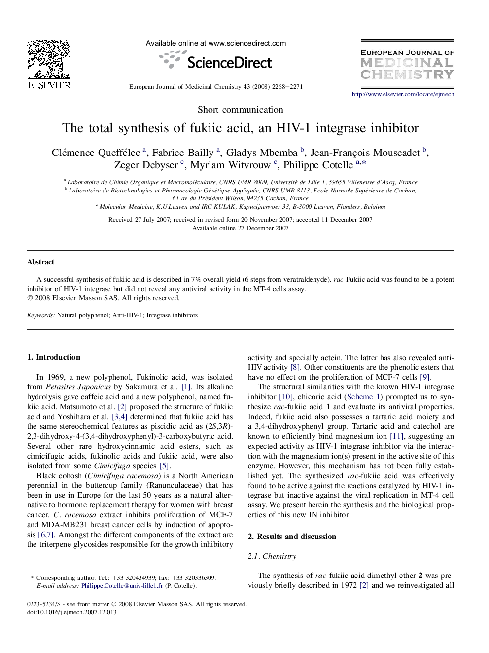 The total synthesis of fukiic acid, an HIV-1 integrase inhibitor