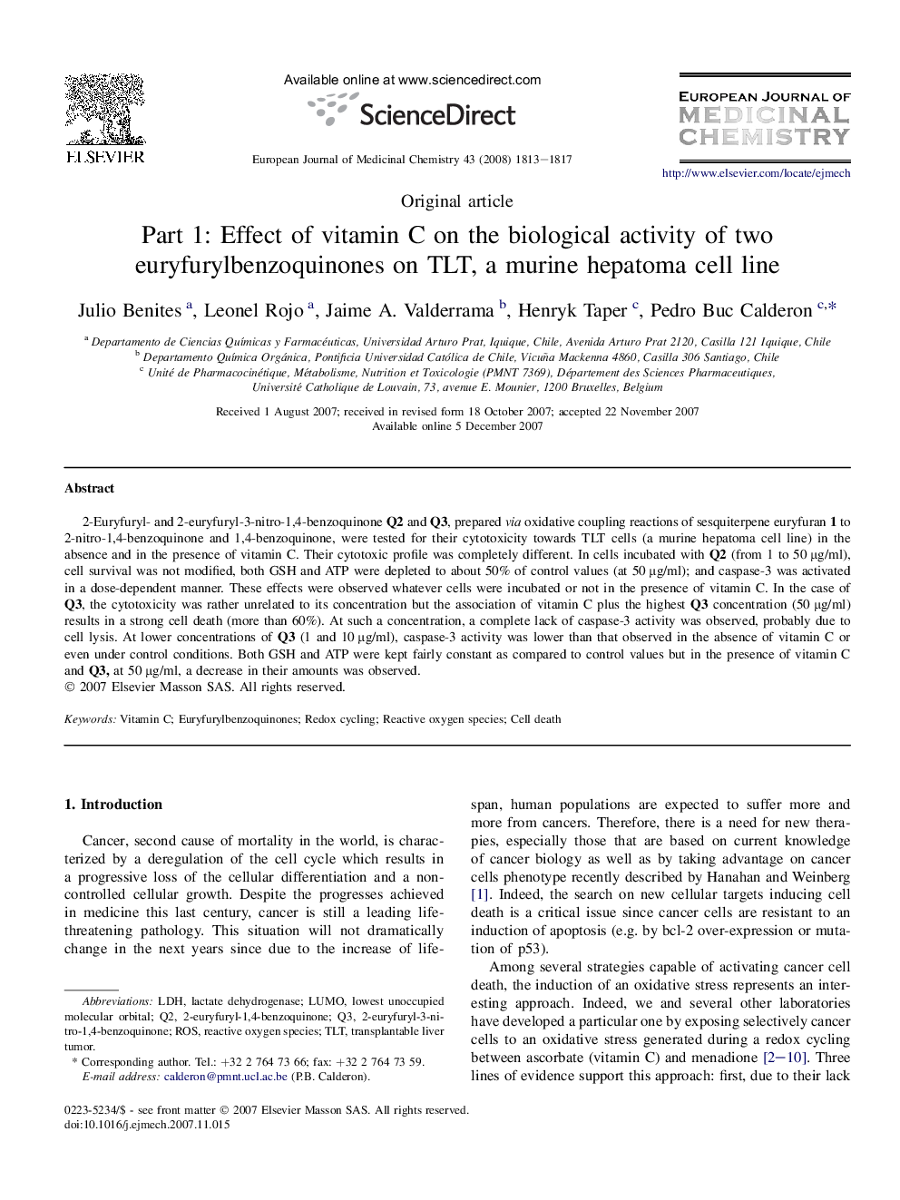 Part 1: Effect of vitamin C on the biological activity of two euryfurylbenzoquinones on TLT, a murine hepatoma cell line