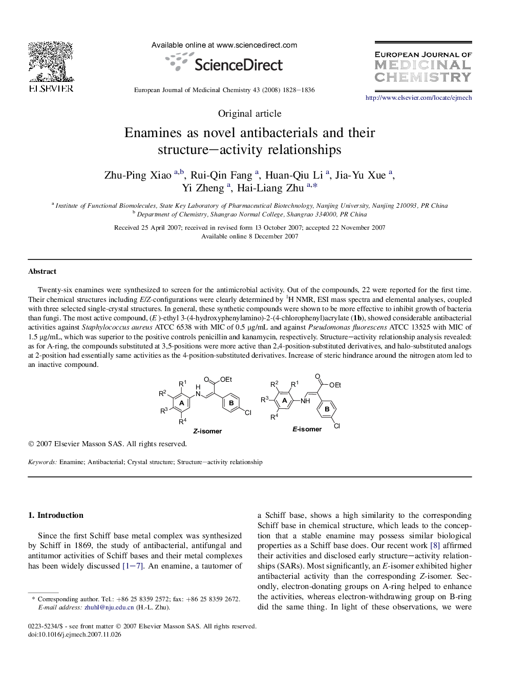 Enamines as novel antibacterials and their structure–activity relationships