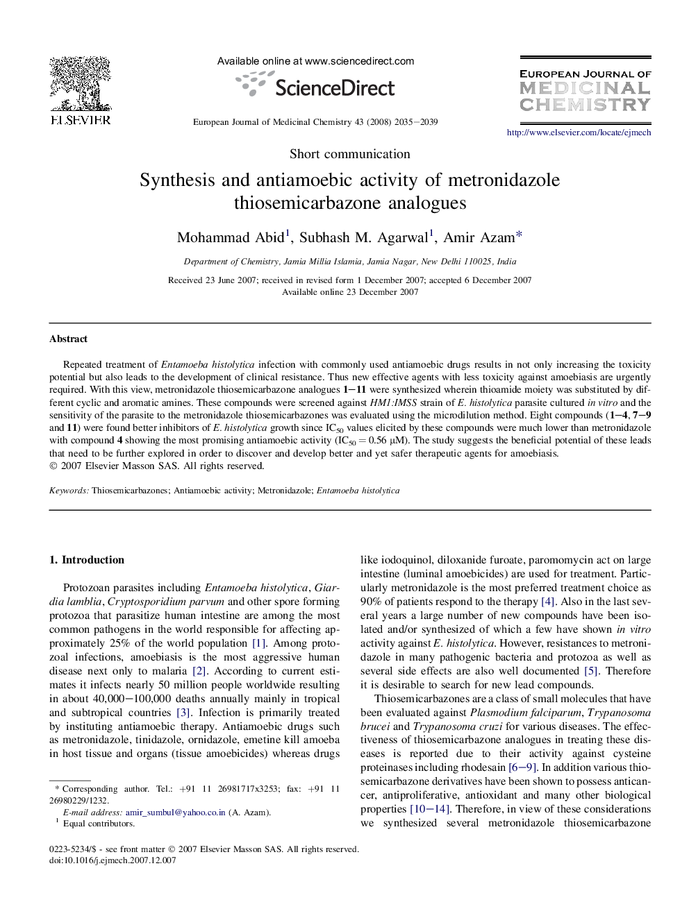 Synthesis and antiamoebic activity of metronidazole thiosemicarbazone analogues