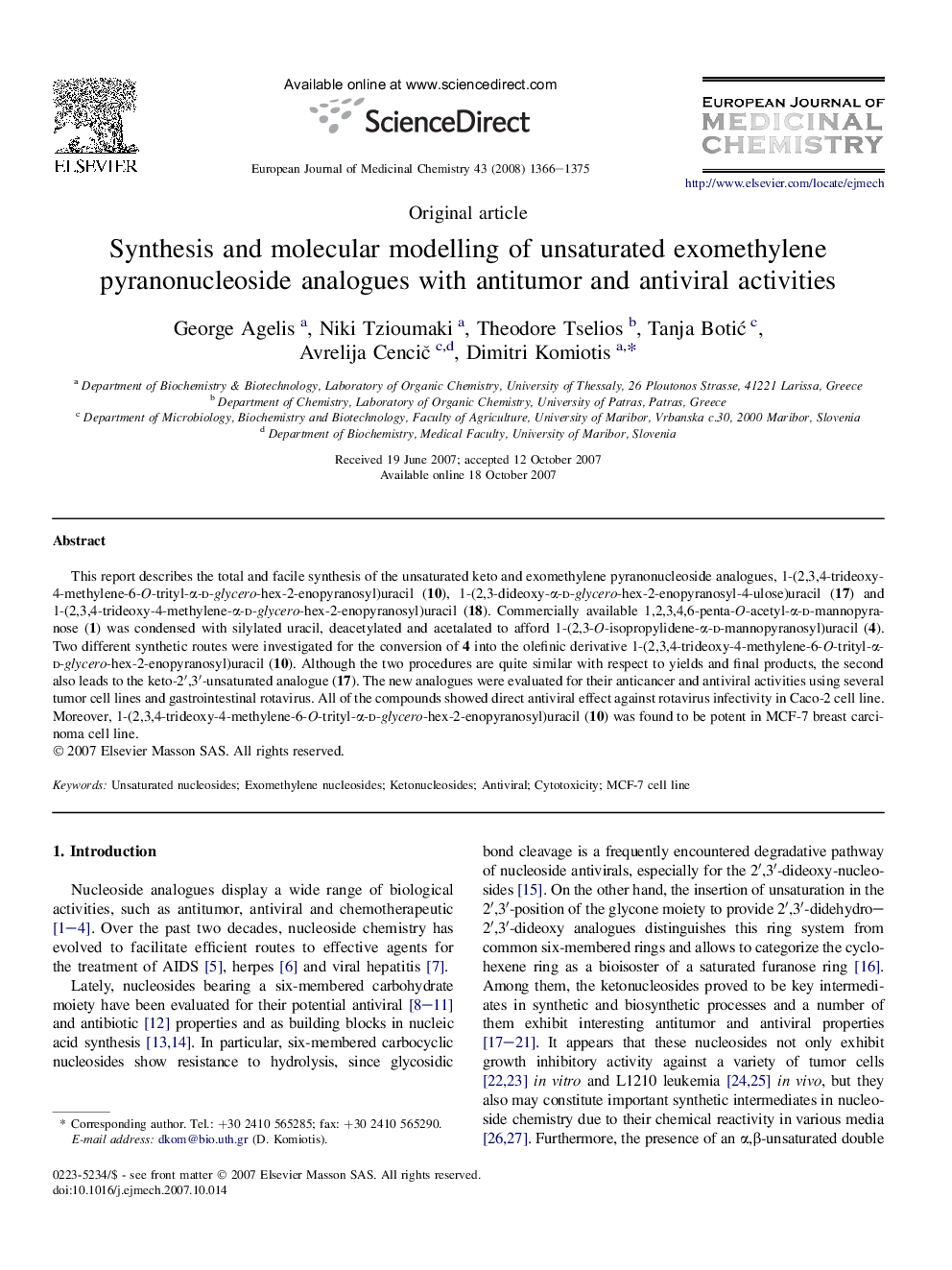 Synthesis and molecular modelling of unsaturated exomethylene pyranonucleoside analogues with antitumor and antiviral activities