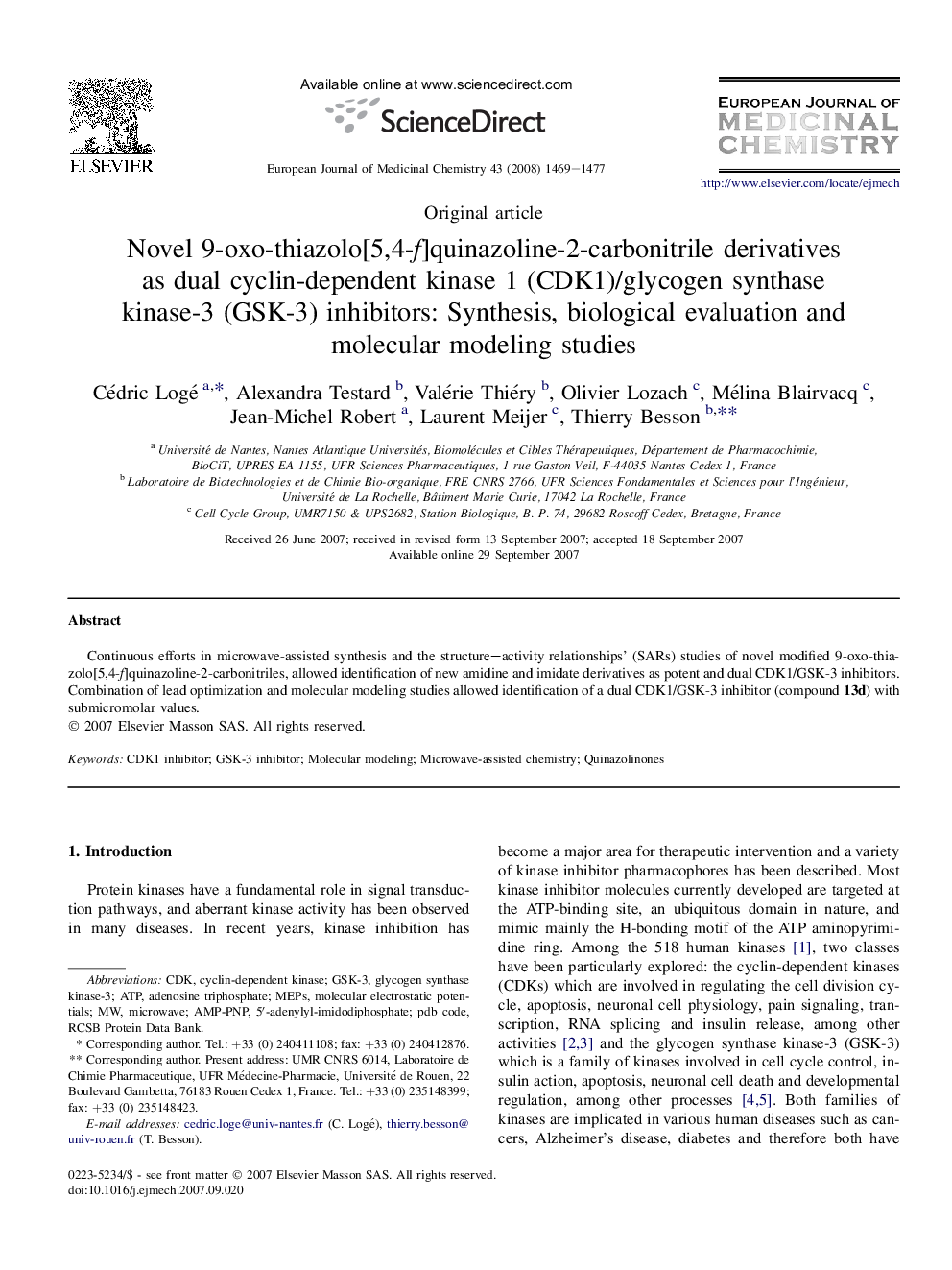 Novel 9-oxo-thiazolo[5,4-f]quinazoline-2-carbonitrile derivatives as dual cyclin-dependent kinase 1 (CDK1)/glycogen synthase kinase-3 (GSK-3) inhibitors: Synthesis, biological evaluation and molecular modeling studies