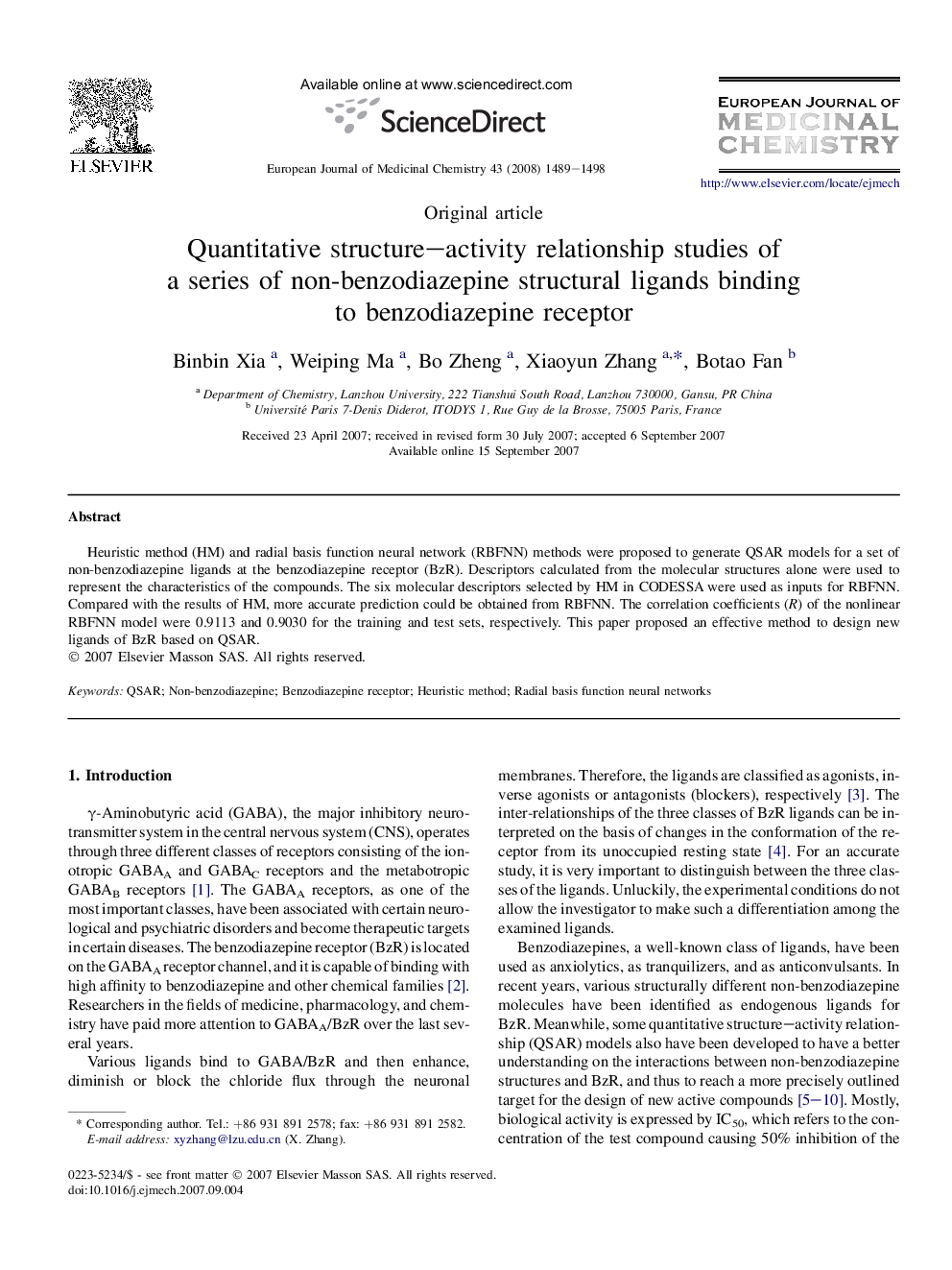 Quantitative structure–activity relationship studies of a series of non-benzodiazepine structural ligands binding to benzodiazepine receptor