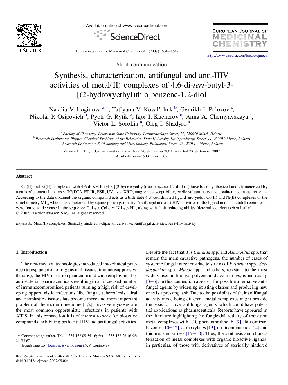 Synthesis, characterization, antifungal and anti-HIV activities of metal(II) complexes of 4,6-di-tert-butyl-3-[(2-hydroxyethyl)thio]benzene-1,2-diol