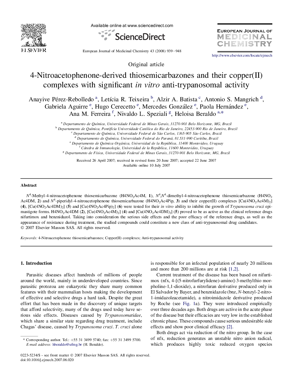 4-Nitroacetophenone-derived thiosemicarbazones and their copper(II) complexes with significant in vitro anti-trypanosomal activity