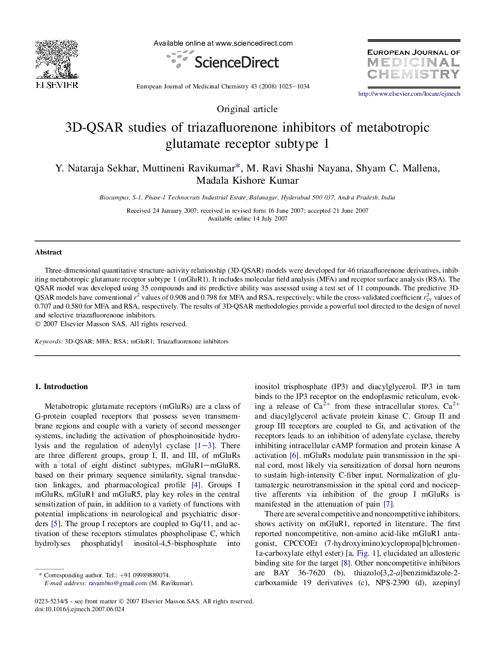 3D-QSAR studies of triazafluorenone inhibitors of metabotropic glutamate receptor subtype 1