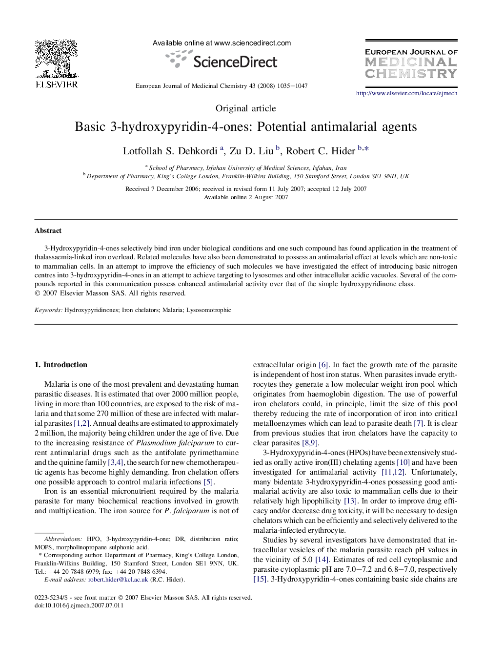 Basic 3-hydroxypyridin-4-ones: Potential antimalarial agents